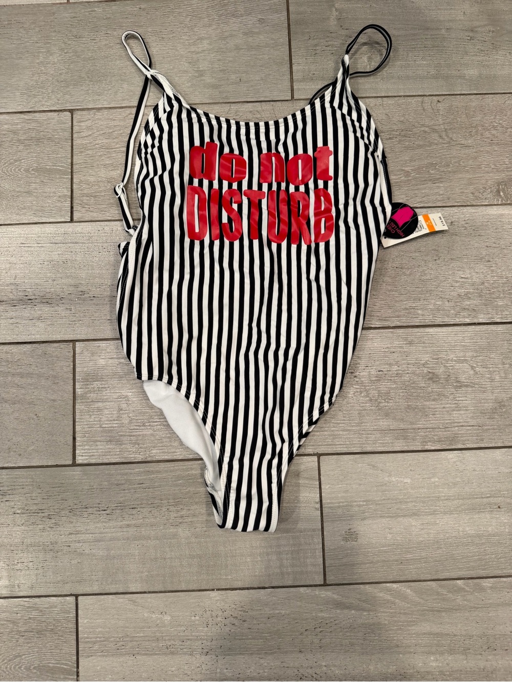 No Boundaries Black & White Striped One-Piece with Red 'Do Not Disturb' Graphic
